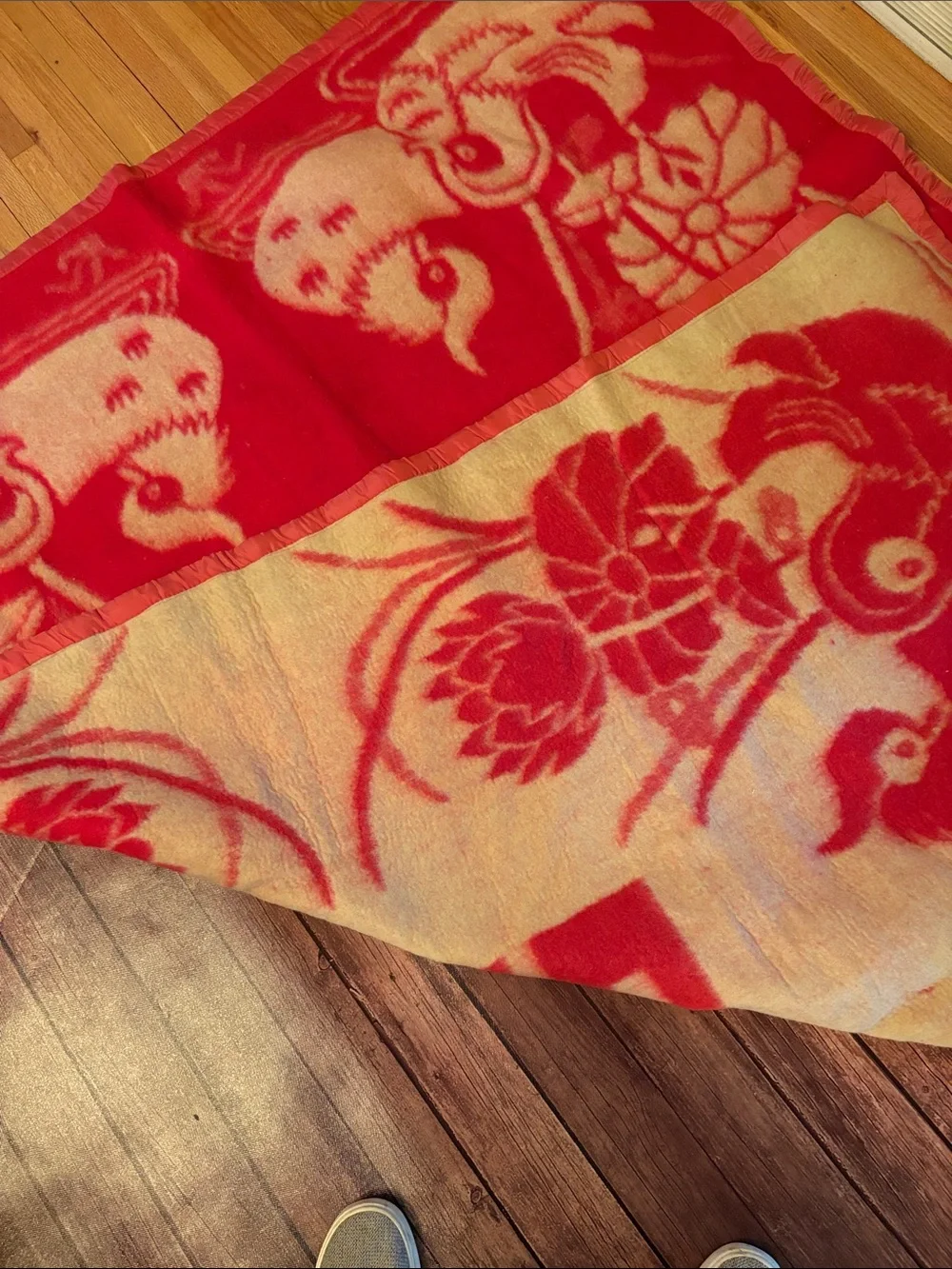 Vintage 2 Sided Chinese Wool Wedding Blanket with Lotus and Mandarin Ducks